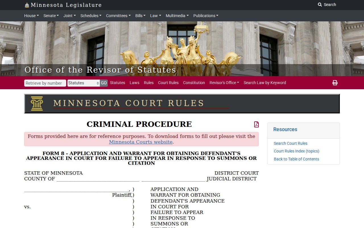 Minnesota Form 8 failure-to-appear warrant fields used in Todd County cases