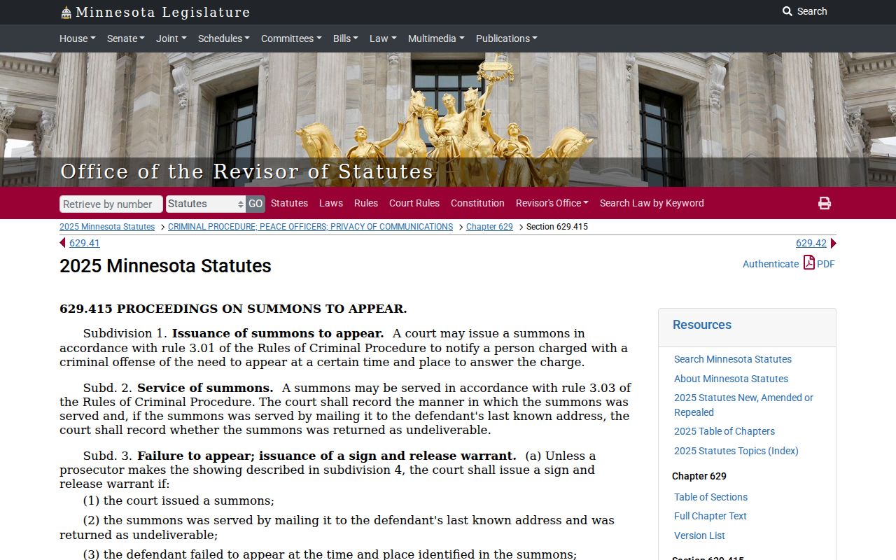 Minnesota statute text on arrest and Sign and Release warrants used in Todd County