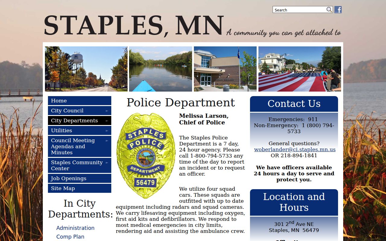 Staples Police Department coverage and contact information for warrant questions