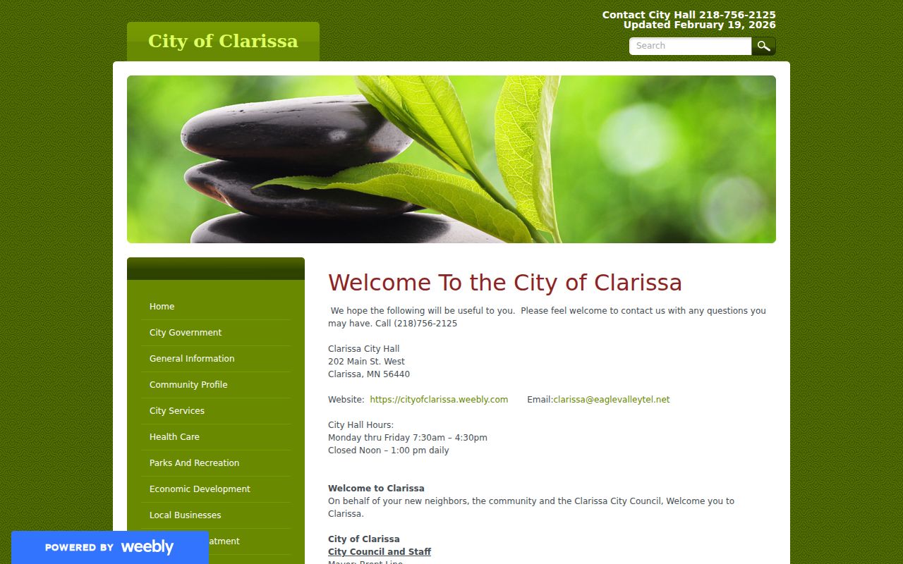 Clarissa City Hall address and hours for municipal questions and warrant routing