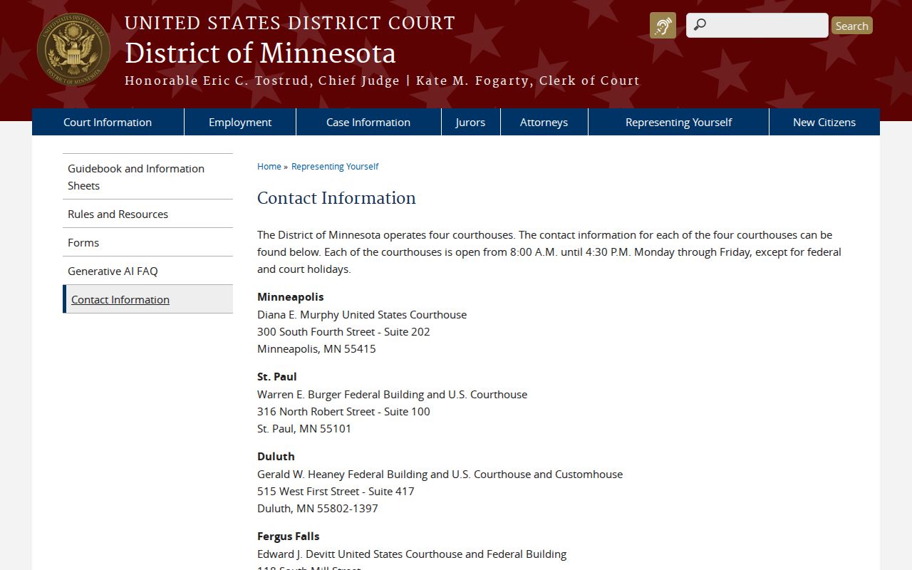 Federal courthouse contact grid for Todd County federal arrest warrant questions