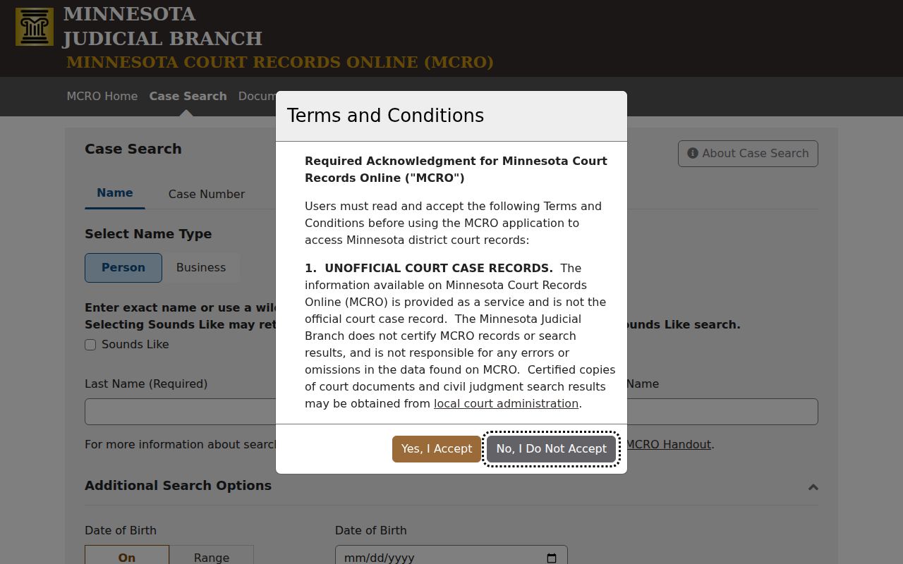 MCRO case search fields used for a Todd County warrant lookup