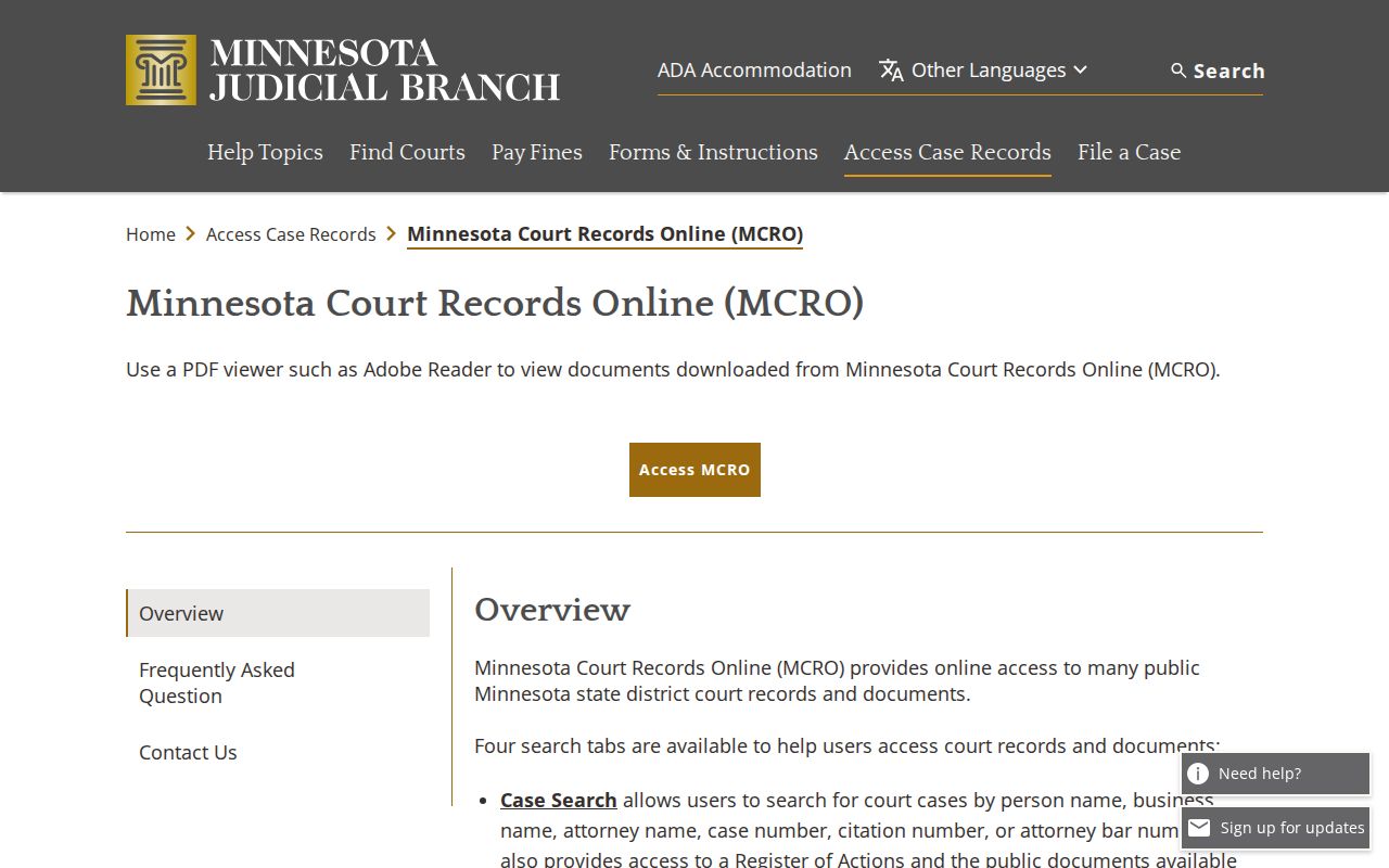 MCRO public case search routes used for Todd County warrant records